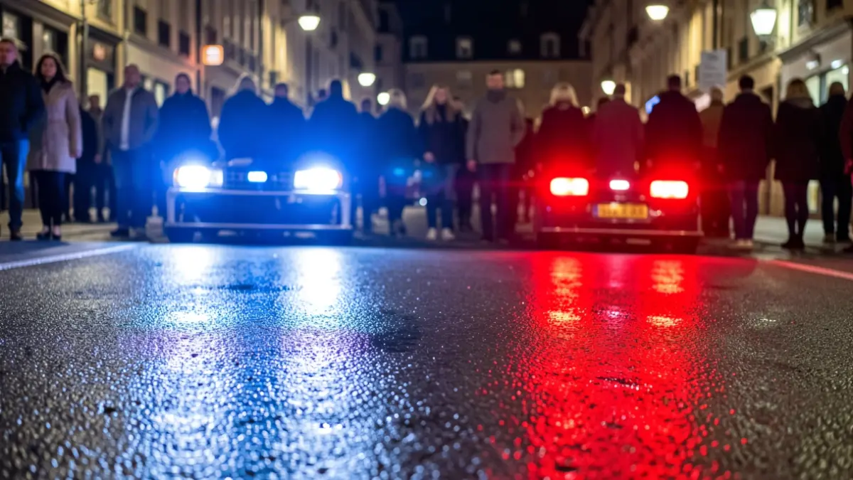 Imagen genérica de luces de emergencia policiales reflejándose en el asfalto mojado por la noche.