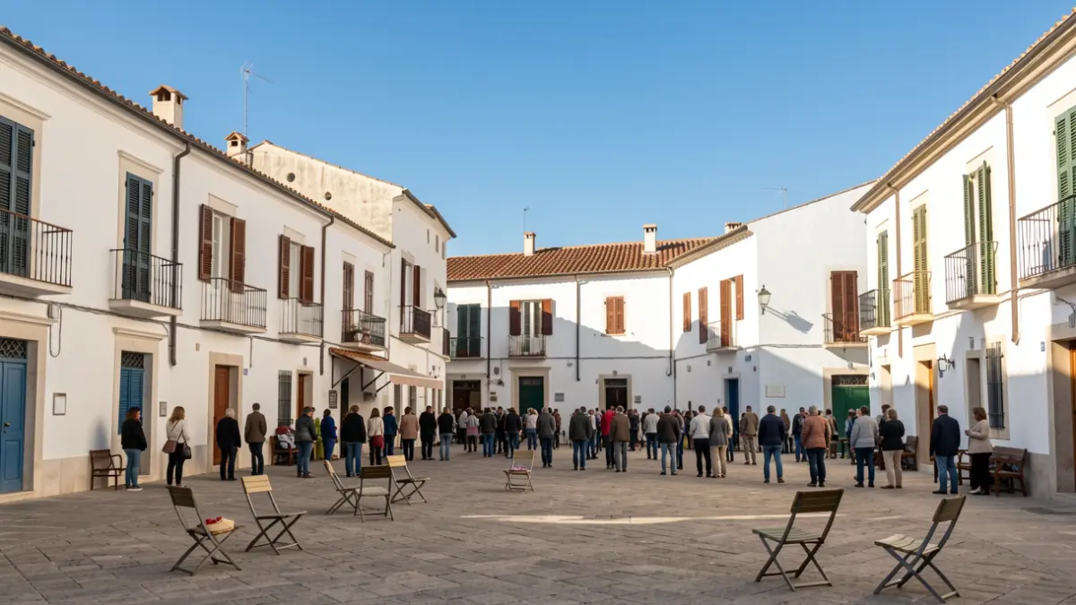 Imagen genérica de una plaza de pueblo andaluz con cielo azul y edificios blancos.