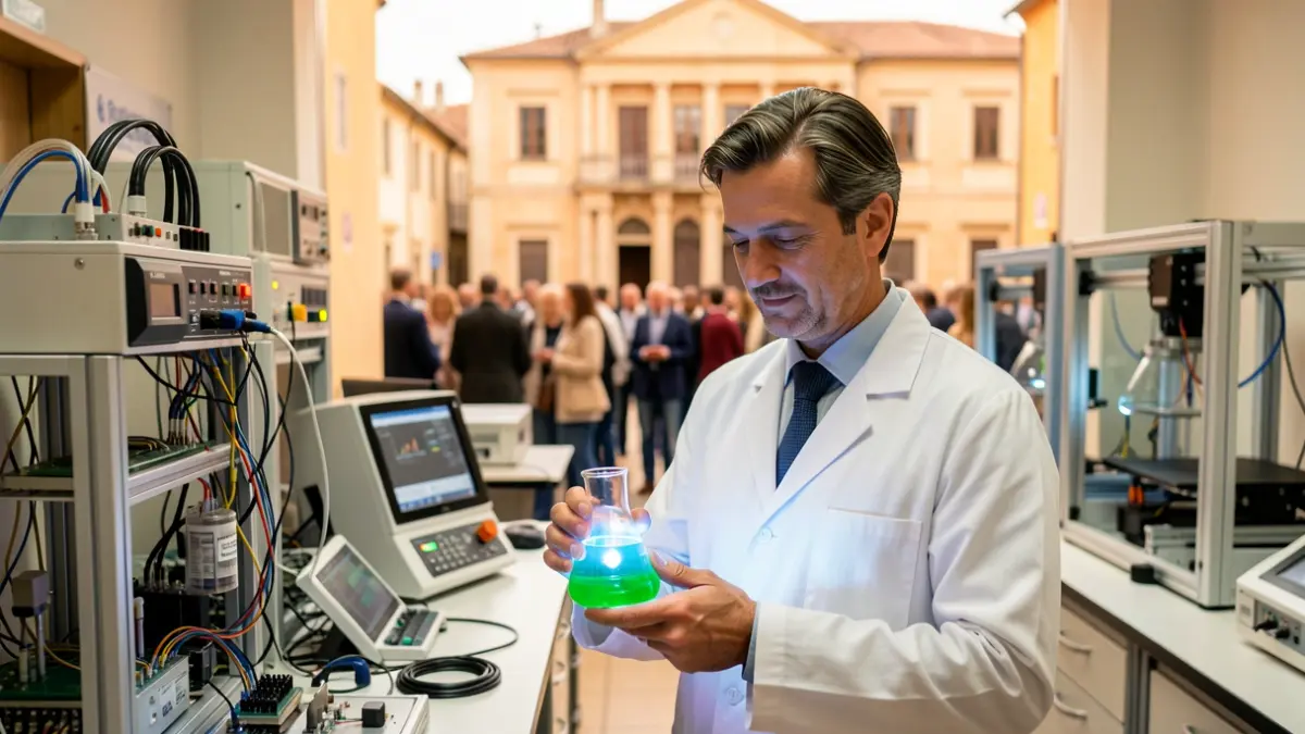 Investigador en un laboratorio con equipo de electroquímica y sensores 3D, con el ayuntamiento de La Línea de la Concepción al fondo.