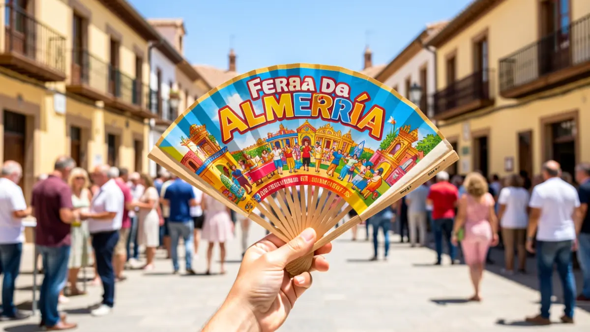 Abanico solidario de la Feria de Almería inspirado en el cartel ganador, sostenido por una mano con gente haciendo cola al fondo.