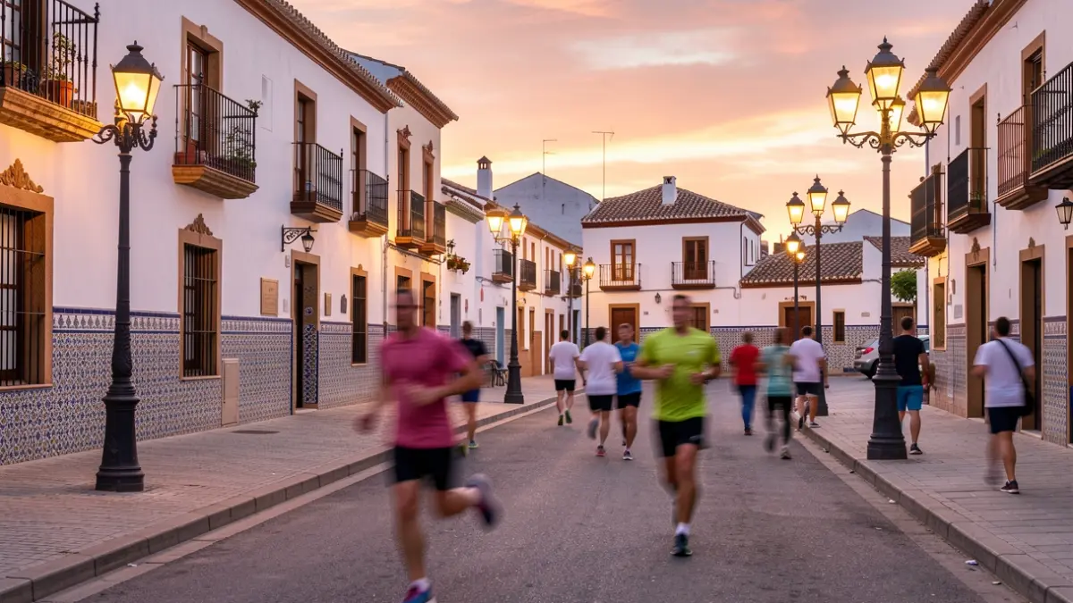 Generic image of a popular race in an Andalusian town square at sunset, with blurred runners and local architecture.