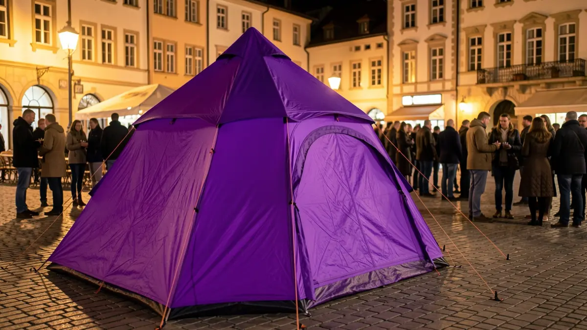 Violet Point tent set up in a festive square at night.