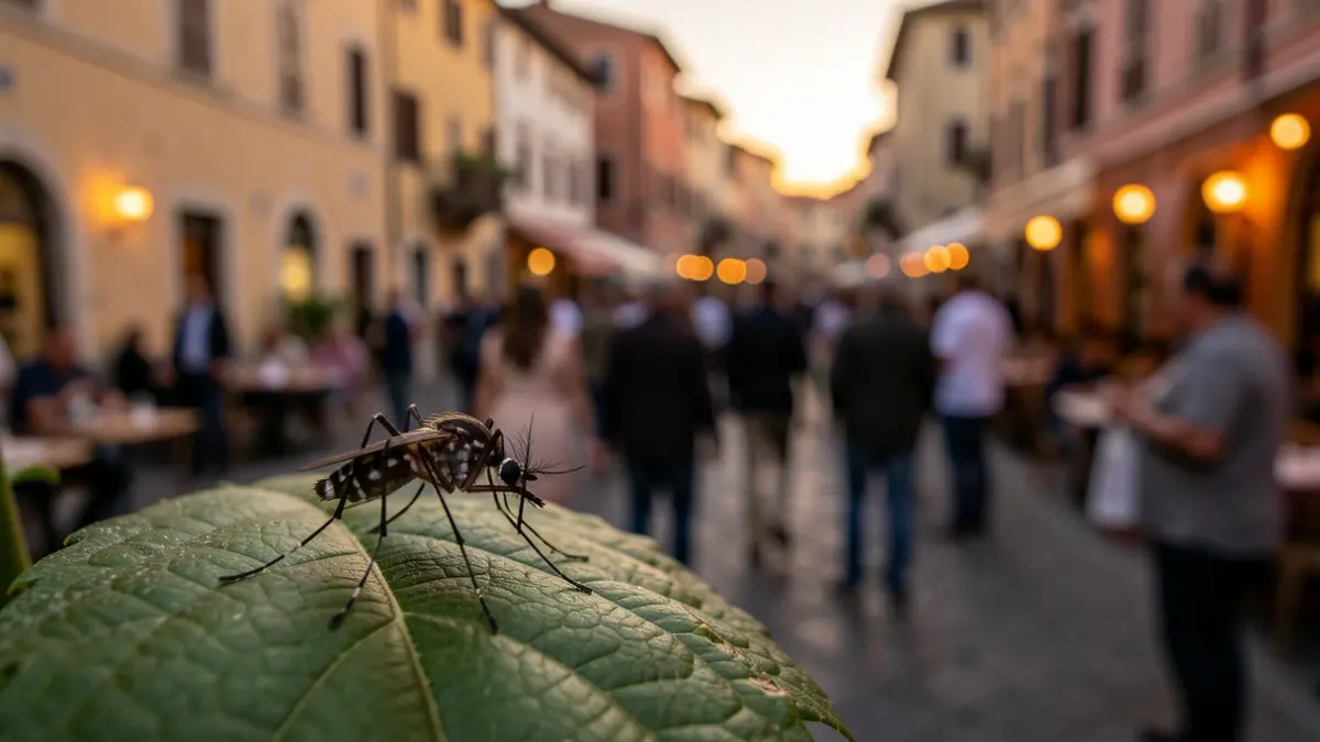 Primer plano de un mosquito sobre una hoja, con el fondo difuminado de una plaza de pueblo mediterráneo al atardecer.
