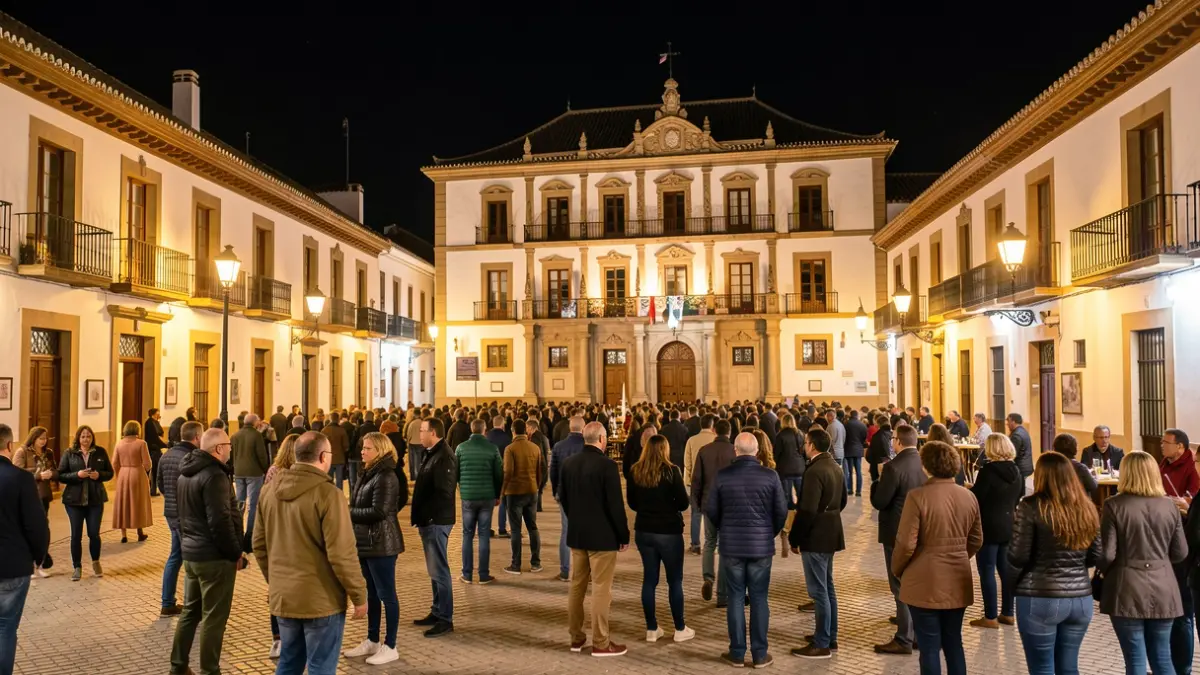 Generic image of a crowded Andalusian square at night during a fair, with the town hall illuminated in the background.