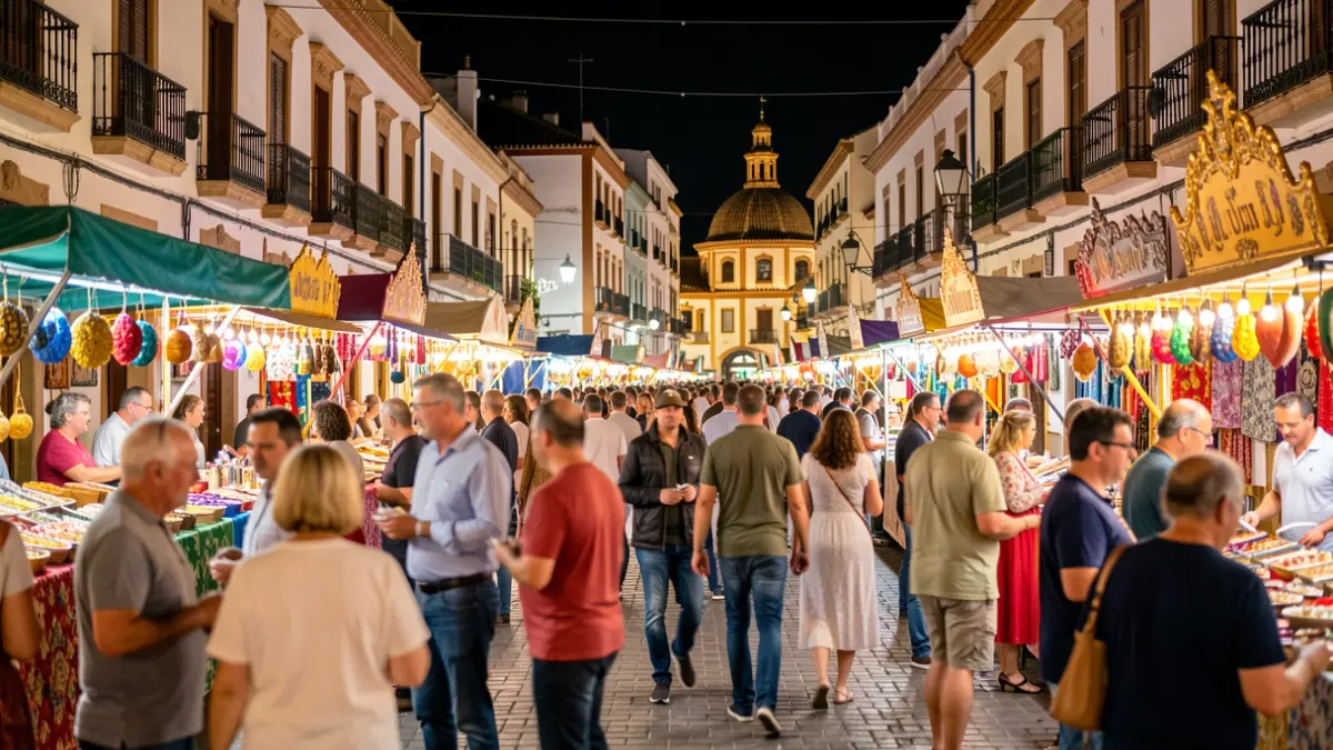 Imagen genérica de una feria andaluza por la noche con luces y ambiente festivo.
