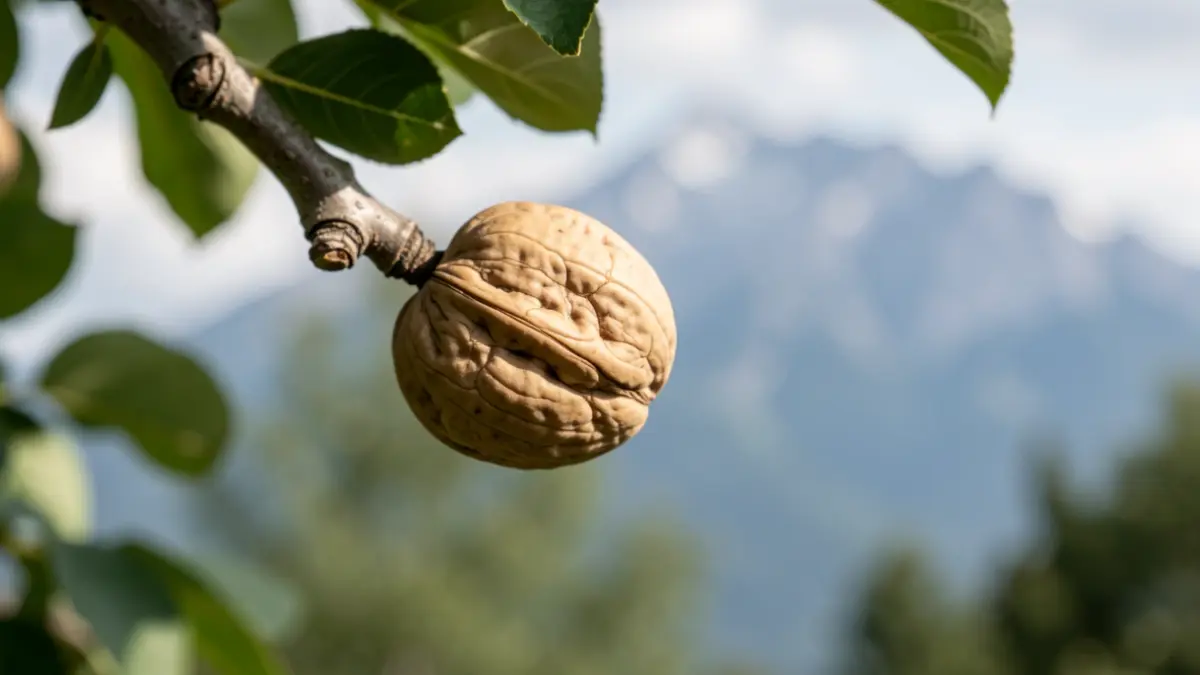 Nueces en una rama con fondo de Sierra Nevada.