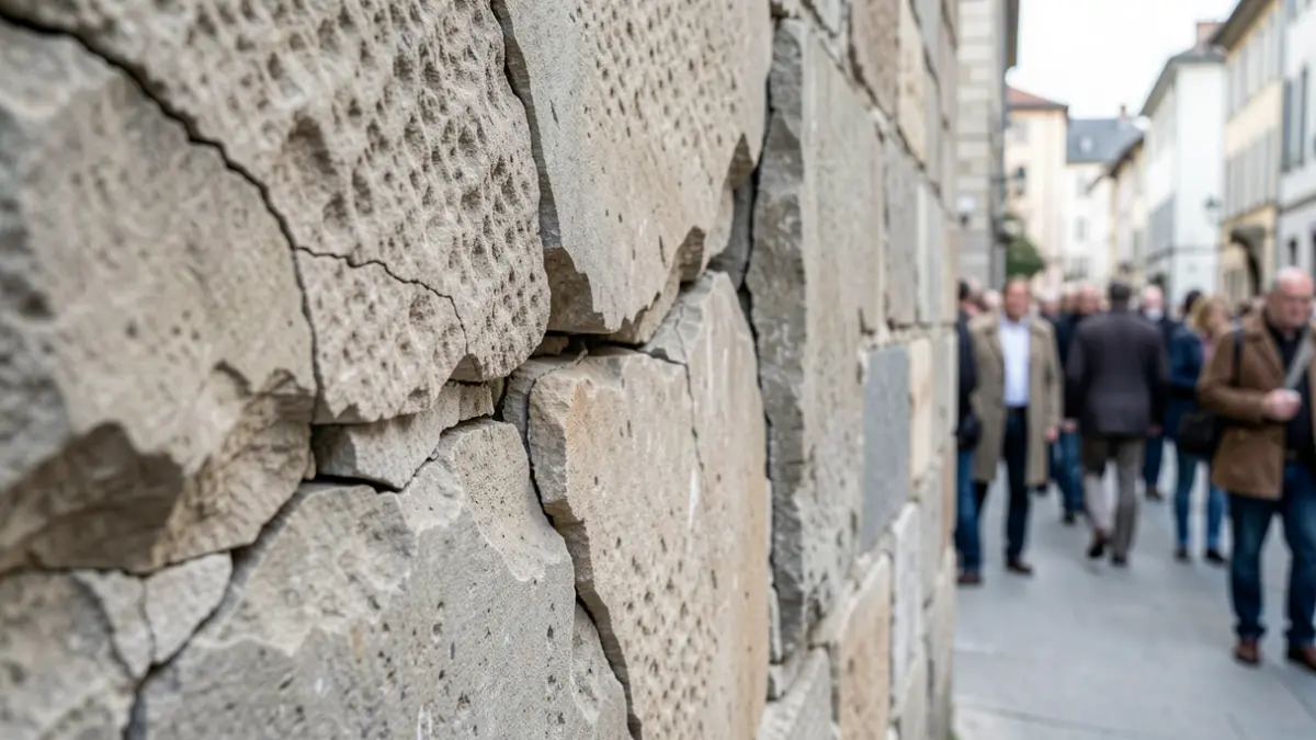 Imagen de un muro de piedra agrietado por los terremotos.