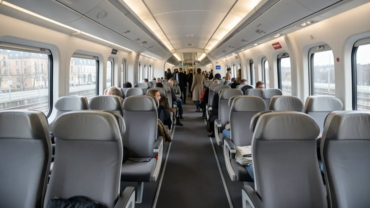 Interior de un tren de alta velocidad con asientos vacíos.