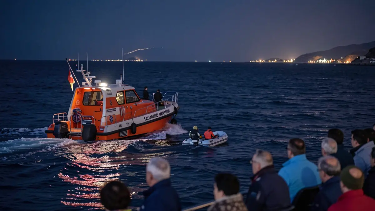 Embarcación de Salvamento Marítimo rescatando personas de una neumática en alta mar cerca de la costa de Carboneras.