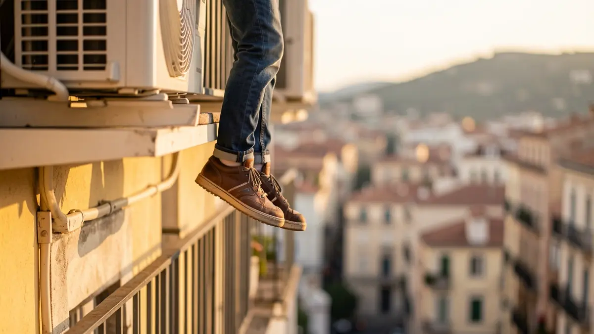 Child dangling precariously from an air conditioning unit on a building.