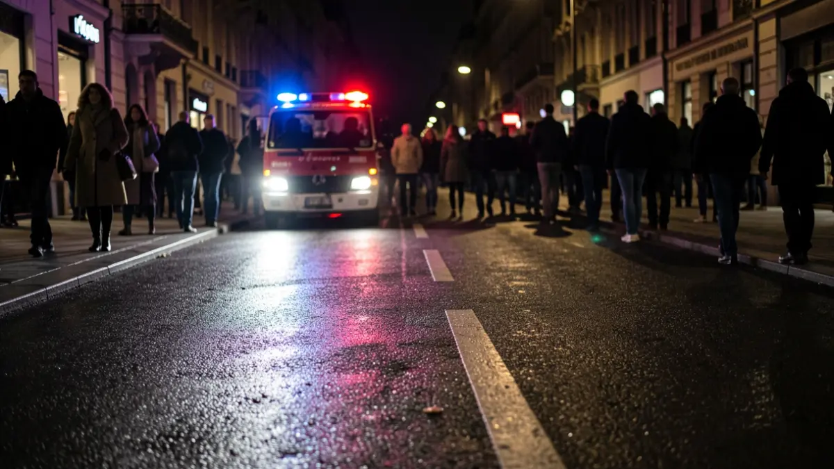 Imagen genérica de luces de emergencia reflejando en asfalto mojado por la noche.
