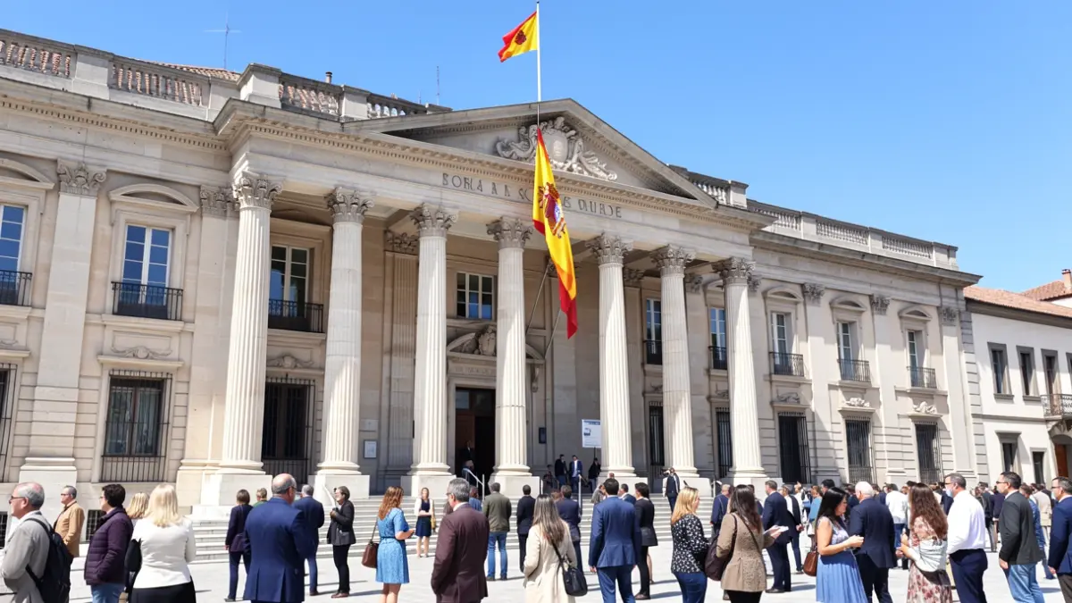 Fachada de un edificio oficial con columnas y bandera española.
