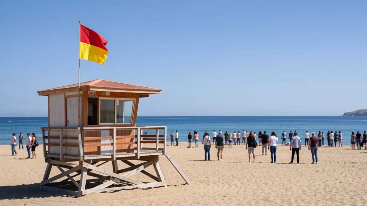 Torre de vigilancia de socorristas en una playa andaluza con banderas de aviso.