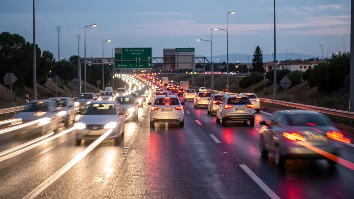 Generic image of a highway with heavy traffic at dusk.