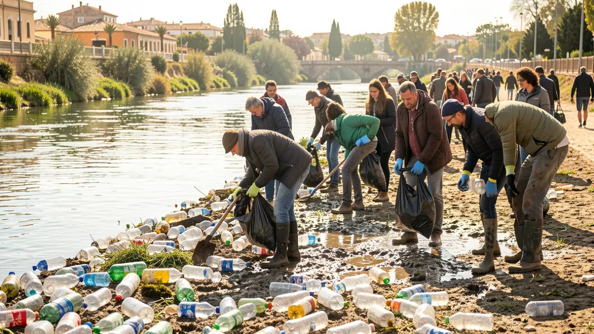 Volunteers collecting waste from the Genil River in Granada.