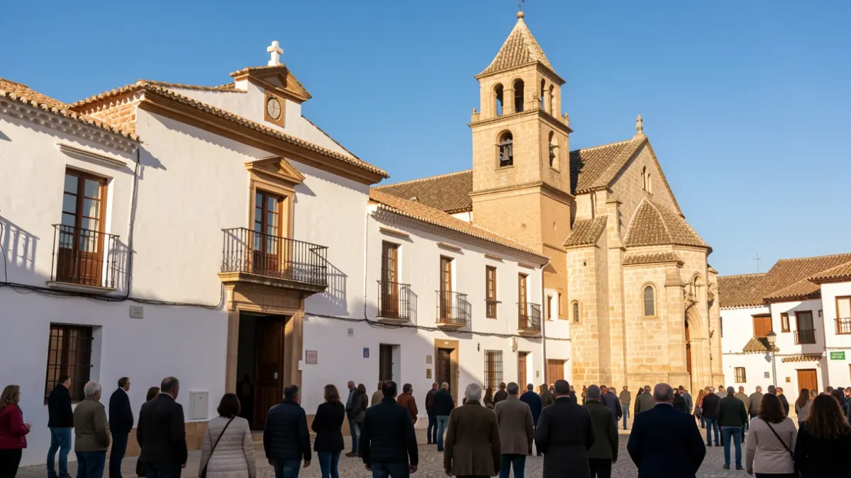 Facade of the Gójar Town Hall and the town's church after an earthquake.
