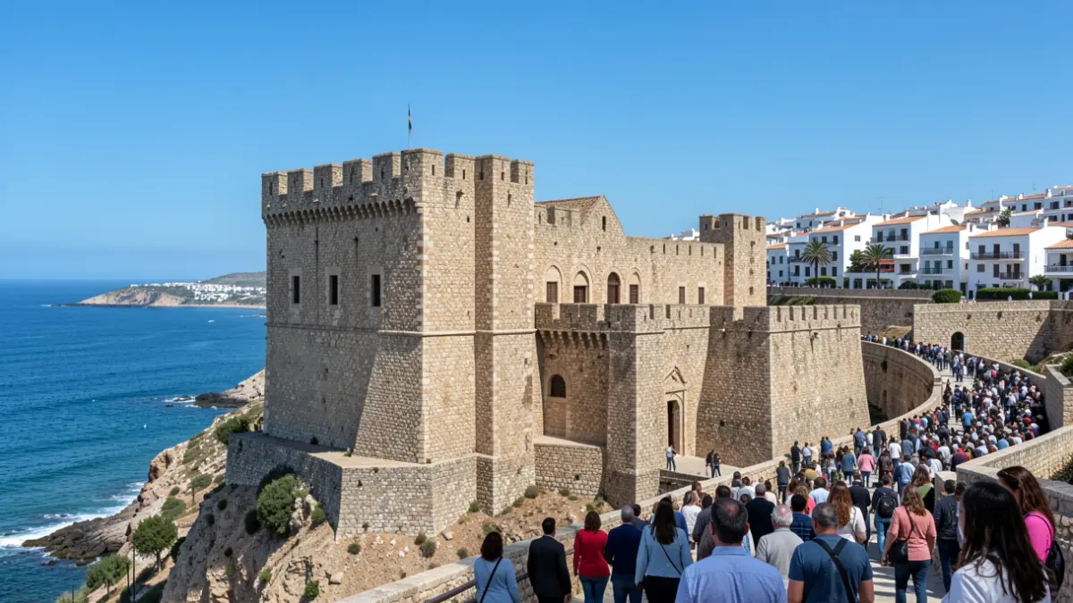 Facade of the Castillo de Bezmiliana, a stone fortress overlooking the Mediterranean Sea.