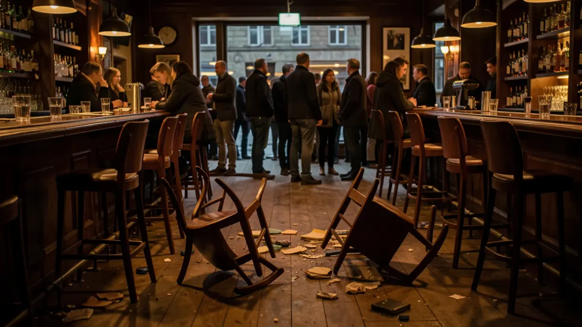Interior of a bar with overturned chairs and debris on the floor, suggesting a recent incident.