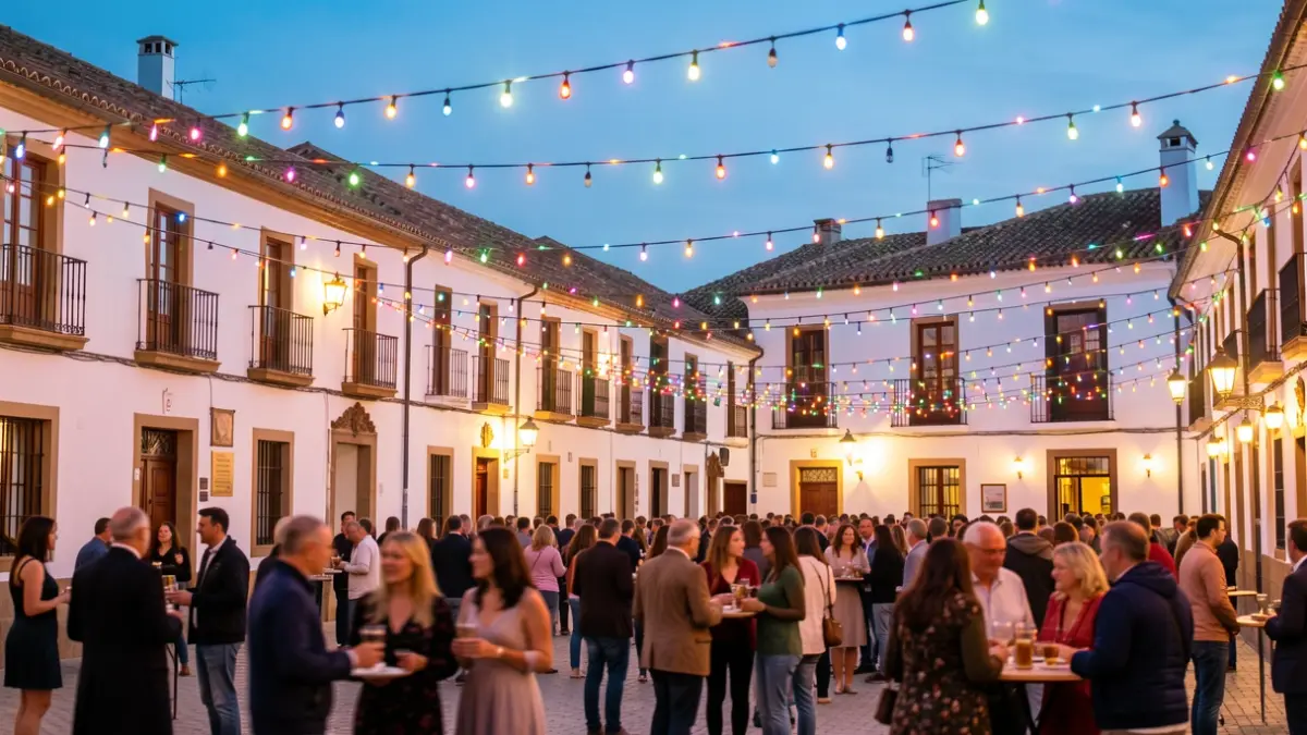 Generic image of an Andalusian town square illuminated by fair lights at dusk.