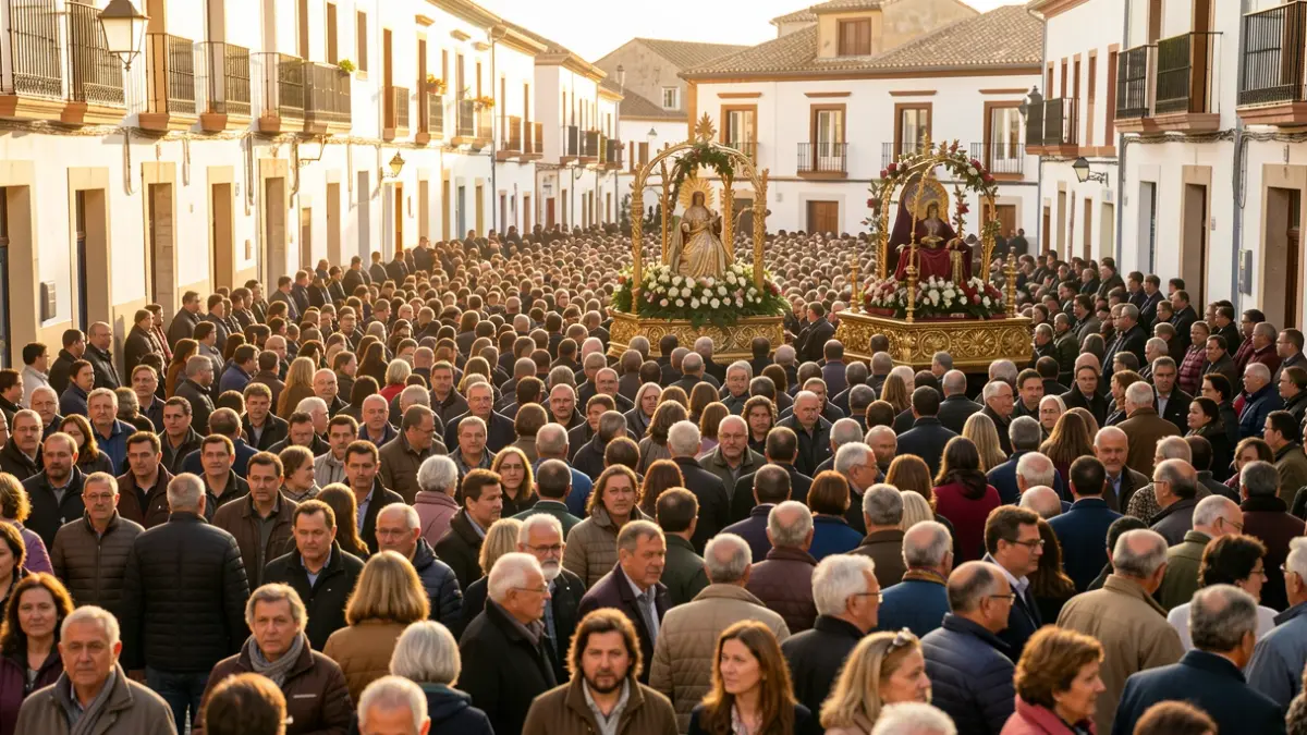 Imagen de una multitudinaria romería en Almonte, con la Virgen del Rocío.