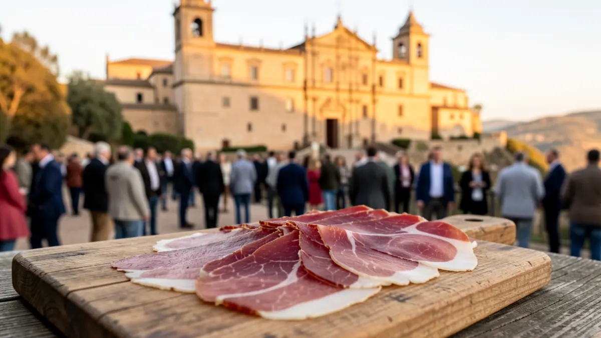 Primer plano de jamón ibérico cortado en una tabla de madera rústica, con el Convento de Santo Domingo de Ronda desenfocado al fondo.
