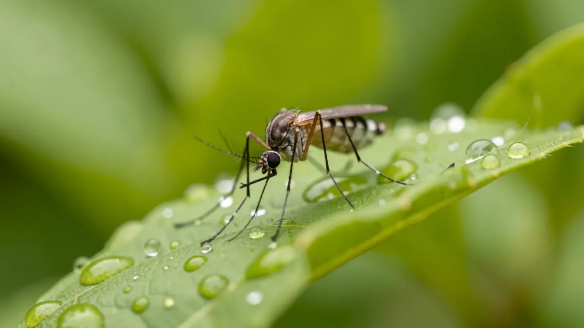 Close-up of a mosquito on a leaf with dew drops.