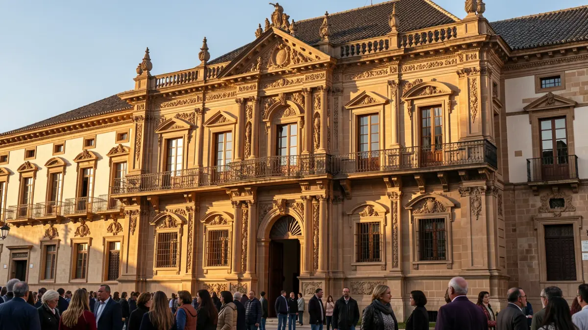 Facade of a historic building in Ronda, Andalucía, with architectural details and warm sunlight.