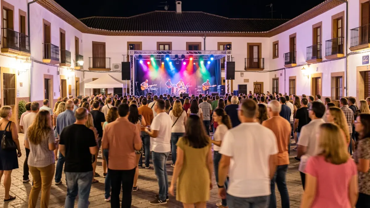 Generic image of an outdoor music festival in an Andalusian town square at night.