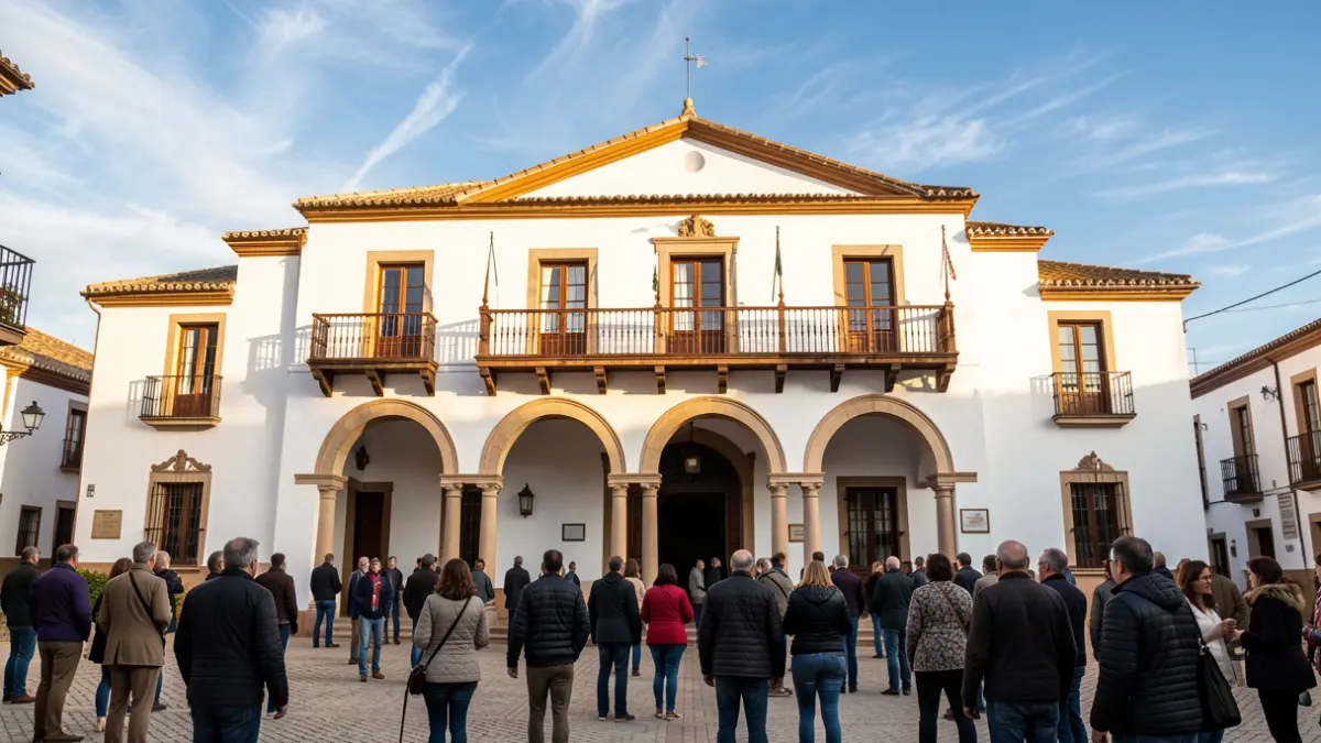 Facade of a traditional Andalusian town hall with white walls, arches, and a balcony, under the afternoon sunlight.