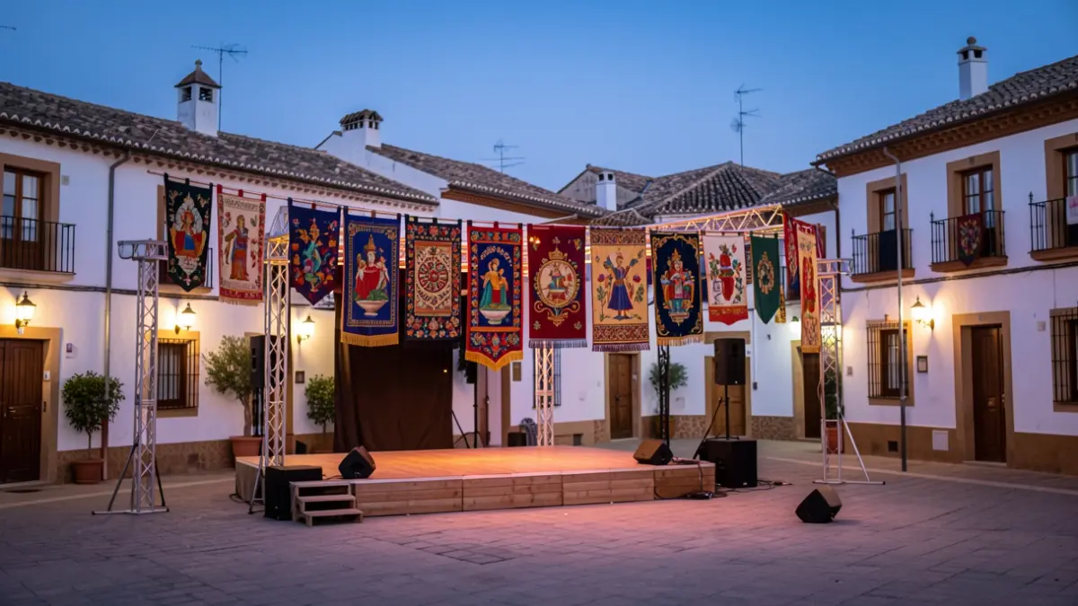 Scene of an outdoor stage in an Andalusian town square at dusk, with folkloric decorations and traditional architecture.