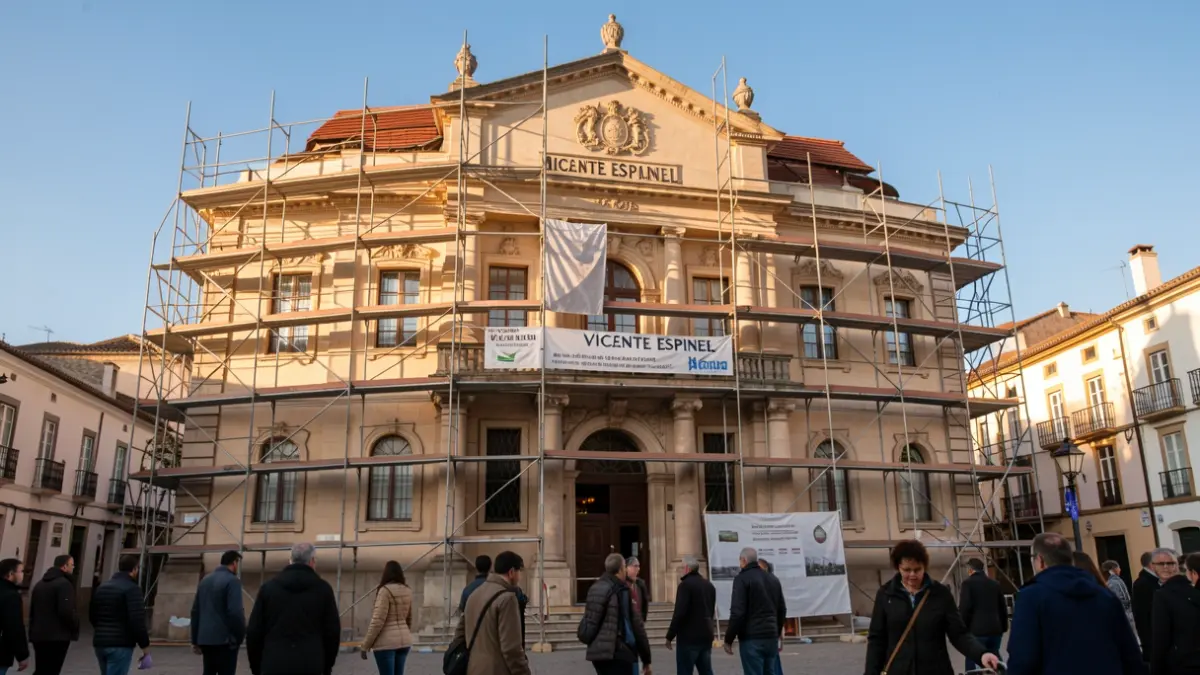 Fachada del Teatro Vicente Espinel en Ronda con obras de renovación.