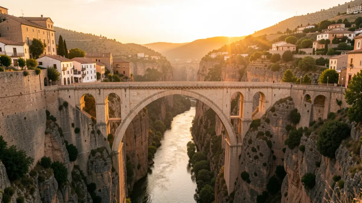 Imagen del Puente Nuevo de Ronda al atardecer, destacando su arquitectura y el paisaje.