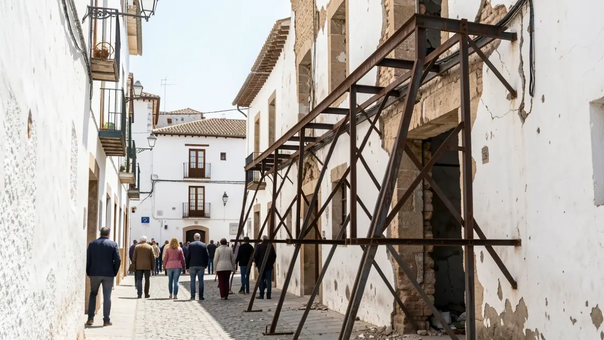 Metal structure shoring up a ruined house in Ronda.