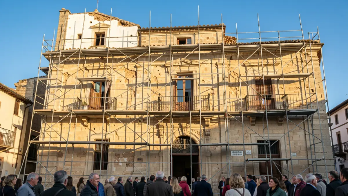 Facade of an old building in Ronda with scaffolding for safety works.