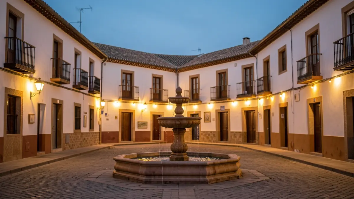Andalusian town square at dusk with warm lights and a central fountain, no fireworks visible.