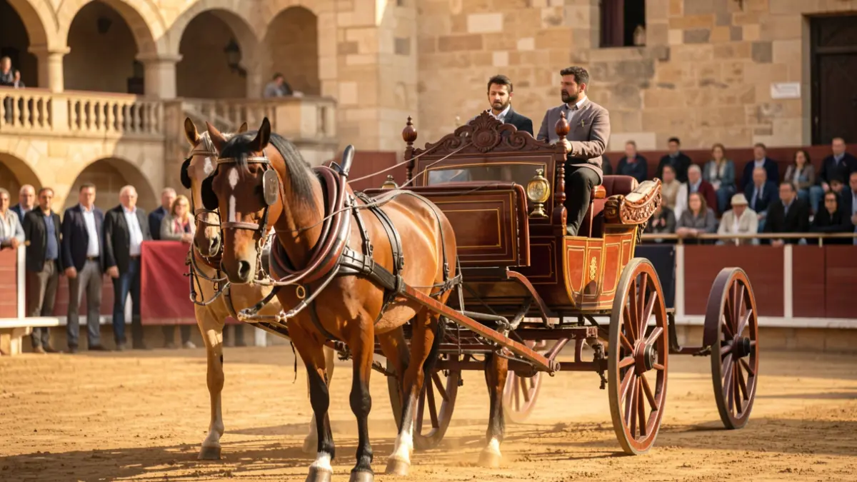 Image of a traditional horse carriage exhibition in a bullring.