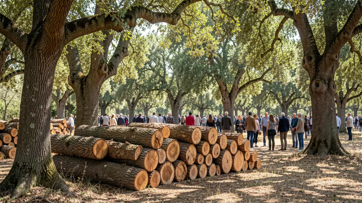 Cork oak trees with harvested cork in a Mediterranean forest.