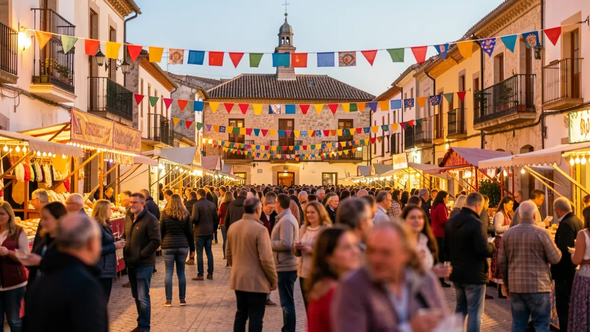 Imagen genérica de una plaza de pueblo andaluz durante una feria, con ambiente festivo y arquitectura tradicional.