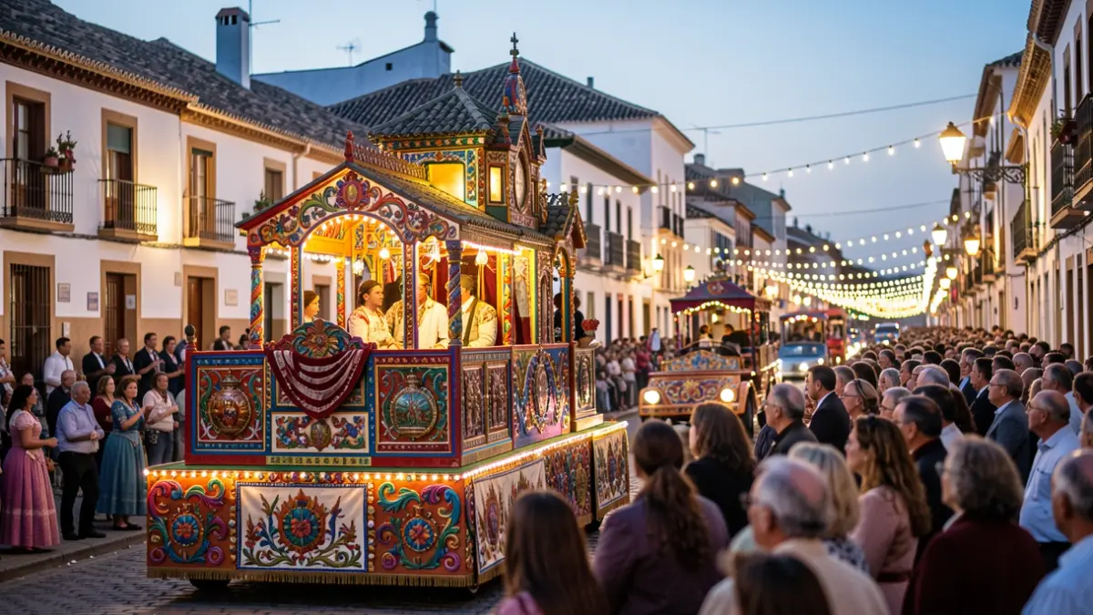 Imagen genérica de una carroza en una cabalgata de feria andaluza al atardecer.