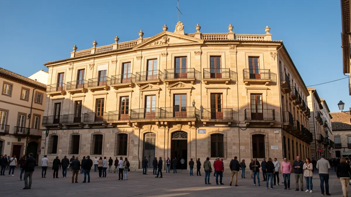 Facade of the Ronda Town Hall with ornate balconies and iron railings, under the warm afternoon sun.