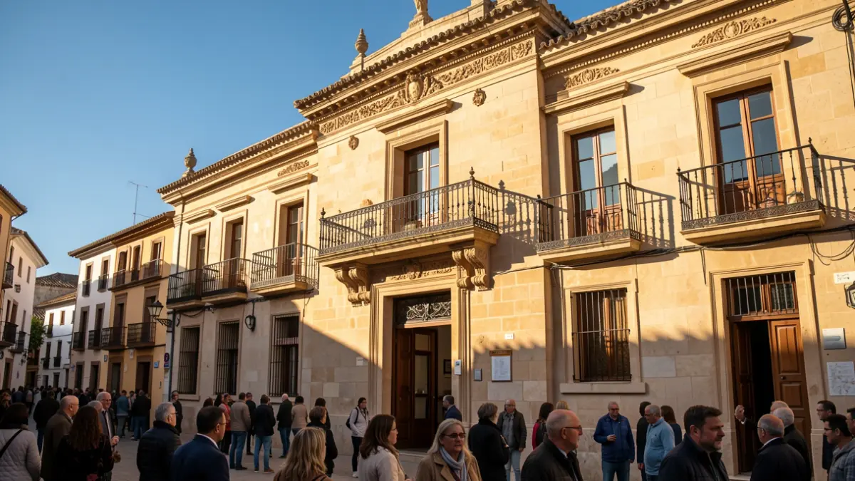 Fachada de un ayuntamiento andaluz tradicional con balcón y barandillas de hierro, bajo la luz del sol de la tarde.