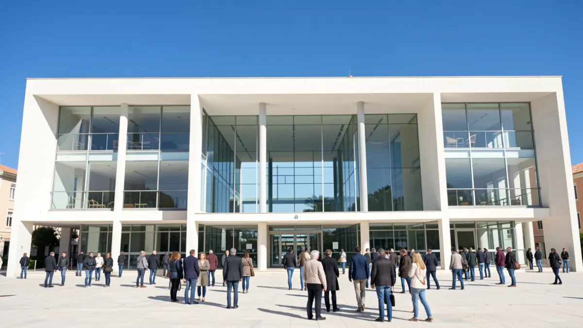Fachada del nuevo Ayuntamiento de Roquetas de Mar, un edificio institucional moderno con un gran atrio central y líneas limpias, bajo un cielo azul brillante.
