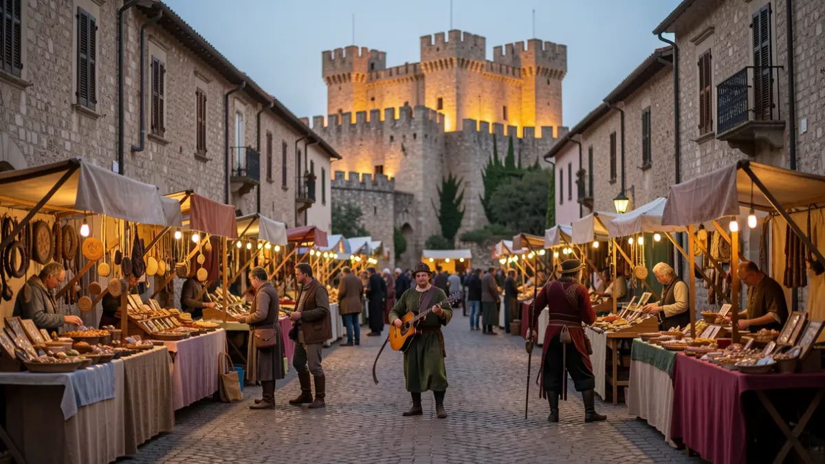 Medieval Market in Roquetas de Mar with craft and gastronomy stalls.