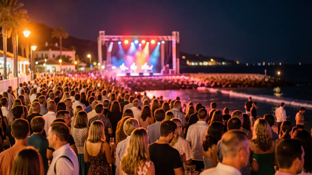 Generic image of a night concert on the Andalusian coast with audience and stage.