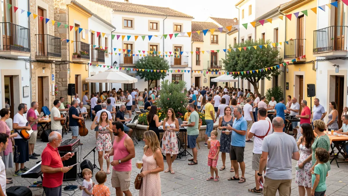 Rota's square filled with people during the Fiesta de la Urta, with a festive atmosphere and activities.