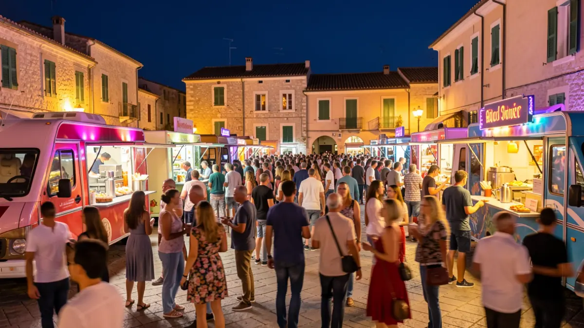 Imagen de un festival de foodtrucks por la noche en una plaza costera con luces de colores y gente disfrutando.
