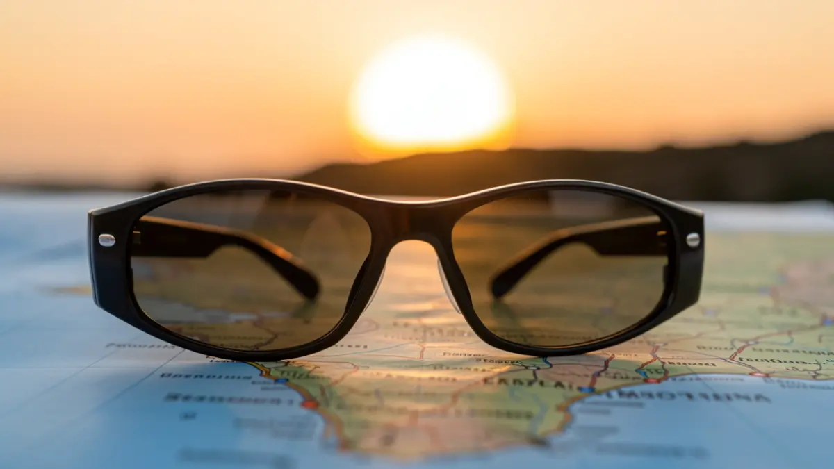 Gafas homologadas para ver el eclipse solar sobre un mapa de la costa andaluza.