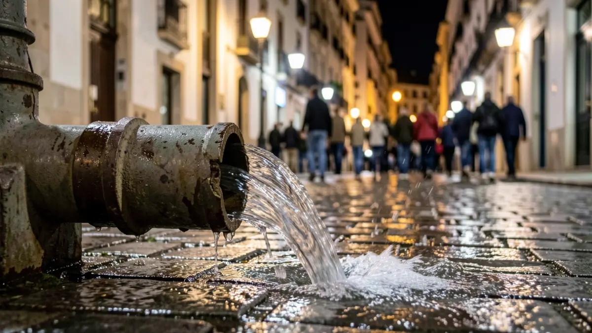 Broken water pipe spilling water onto a street in Cádiz at night.