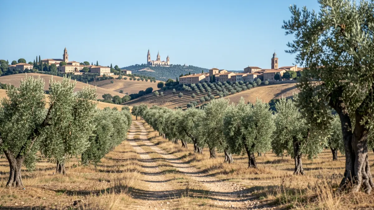 Imagen genérica de un camino rural en Andalucía con dos ciudades históricas al fondo.
