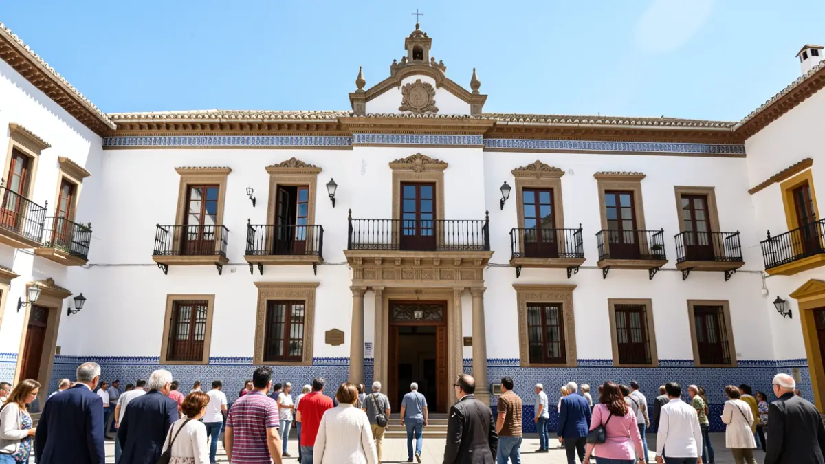 Fachada de un ayuntamiento andaluz tradicional bajo un cielo soleado.